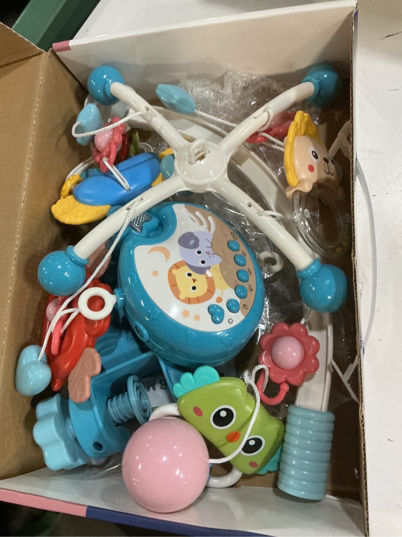 Condition photo showing As Is for baby crib mobile with music and light, crib toy with remote control ? timming function, projector rotating hanging rattles toys baby mobile gift toy for 0-24 moths boys and girls blue