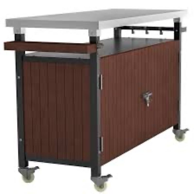 outdoor grill cart with stainless steel tabletop, storage, patio kitchen island with wheels, hooks, and spice rack, waterproof outdoor grill table, movable bbq serving cart rolling bar cart