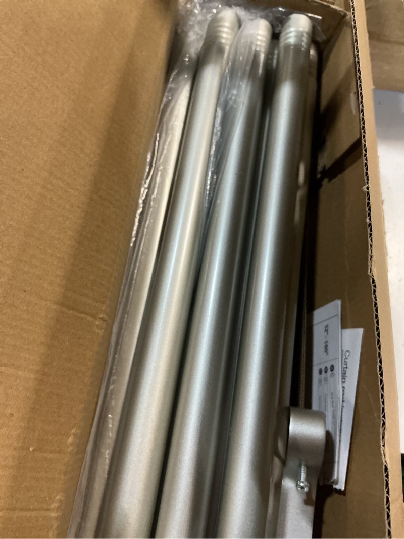 Condition photo showing New/Like New for extra long curtain rods for windows 240 inches, 1 inch diameter adjustable silver curtain rod, heavy duty modern curtain rod with simple finials, 32"-240"
