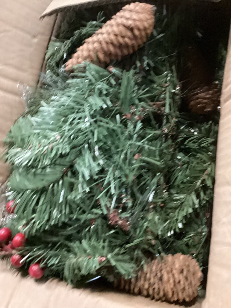 Condition photo showing Good Condition for Pre-Lit Artificial Christmas Garland, Green, White Lights 50, Decorated with Pine Cones, Berry Clusters, Plug in, Christmas Decorations, 9 Feet