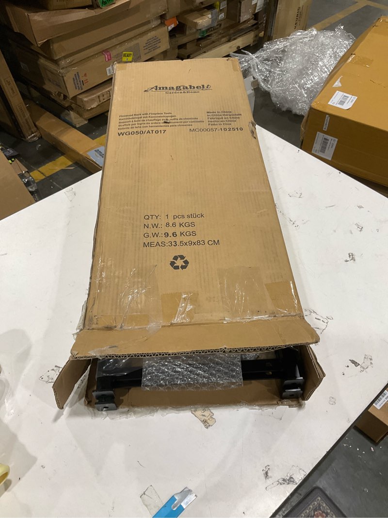 Condition photo showing As Is for AMAGABELI GARDEN & HOME 31.6in Large Firewood Rack Fireplace Tools Set Wood Holder Indoor log Rack With Tools Tall for Wood Stove Firepit Campfire Storage Stacking Wrought Iron Accessories Outdoor Black Arched