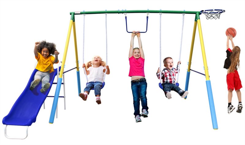5-in-1 Kids Swing Set for Ages 3-8, Outdoor Backyard Playset with Slide, 2 Safe Swing Seats, Basketb