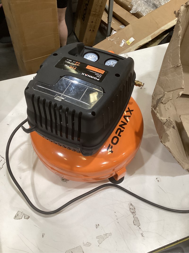 Condition photo showing As Is for fornax pancake air compressor, 3 gallon, 110 psi portable air compressor, oil free portable electric, 3-gallon tank
