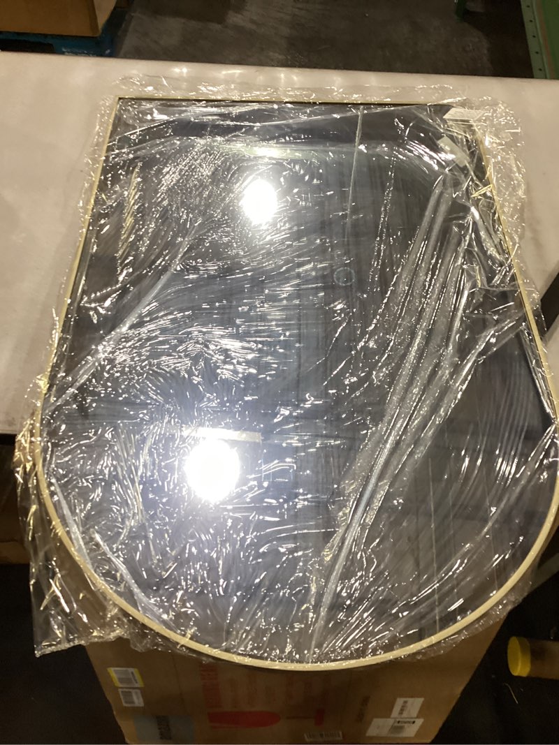 Condition photo showing New/Like New for VooBang Arched Wall Mirror, 24 x 36 inch Arch Bathroom Mirror, Wall Mounted Vanity Mirror with Arch Metal Frame, Modern Bathroom Vanity Mirror for Bedroom, Living Room, Hanging or Leaning, Gold Gold 36"L x 24"W