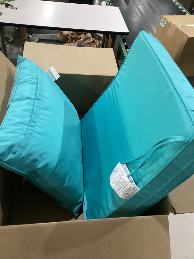 Condition photo showing Good Condition for downluxe 24x24 outdoor chair cushions, waterproof fade resistant patio furniture cushions with handle & removable cover, deep seat outdoor cushions for sofa, couch and patio chairs, teal teal 24 x 24 inch