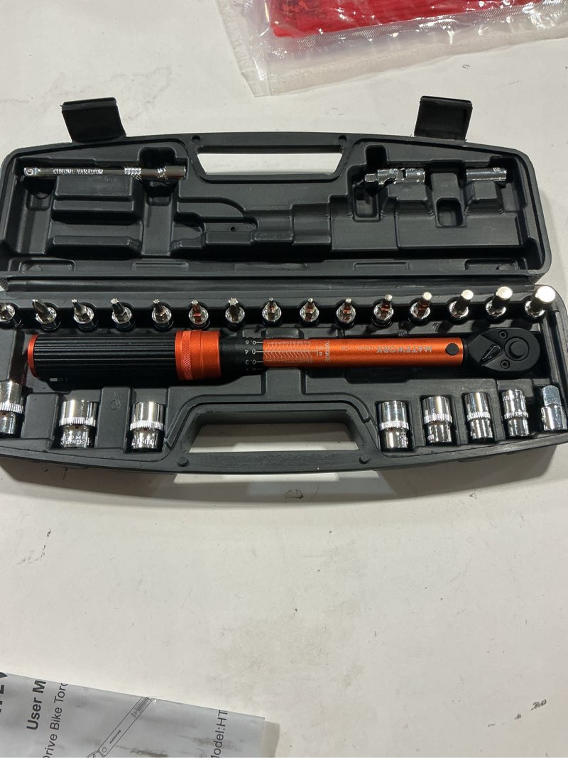 Condition photo showing Good Condition for 1/4 inch drive click torque wrench, 27 pcs bike torque wrench set double scale (1-25nm/8.9-221.3lb.in), 0.1nm high precision with bit sockets, 3/8 adapter, extension bar, for bicycle maintenance 1/4-inch (27pcs, 1-25 nm/8.9-221.3 lb.in)