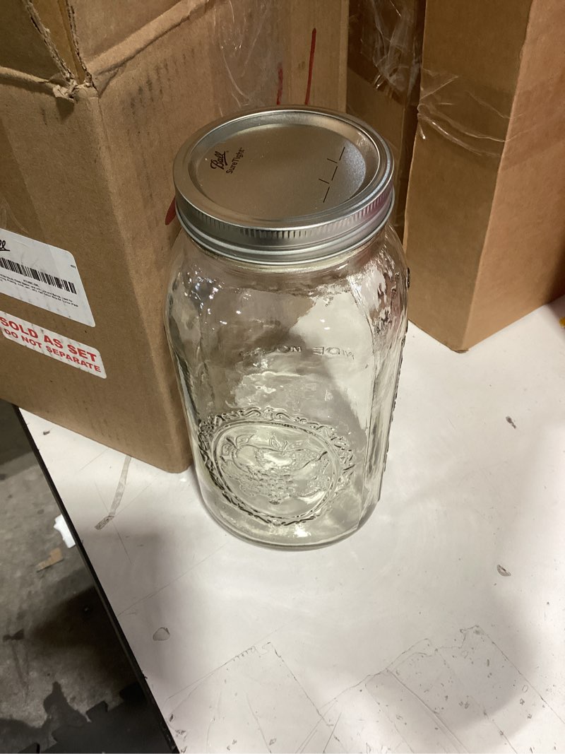 Condition photo showing Good Condition for ball wide mouth glass mason jars with lids and bands, used for canning, pickling, juice, jam, jelly, half gallon size 64 ounce (pack of 4)