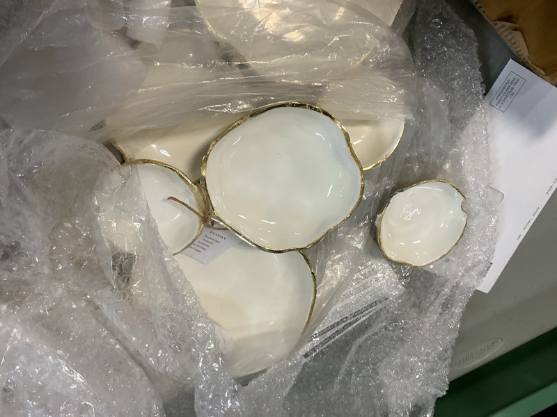 Condition photo showing As Is for Zodax Cluster of Nine Round Serving Bowls | Gold and White Enamel | 19 in x 12 in x 2.5 in
