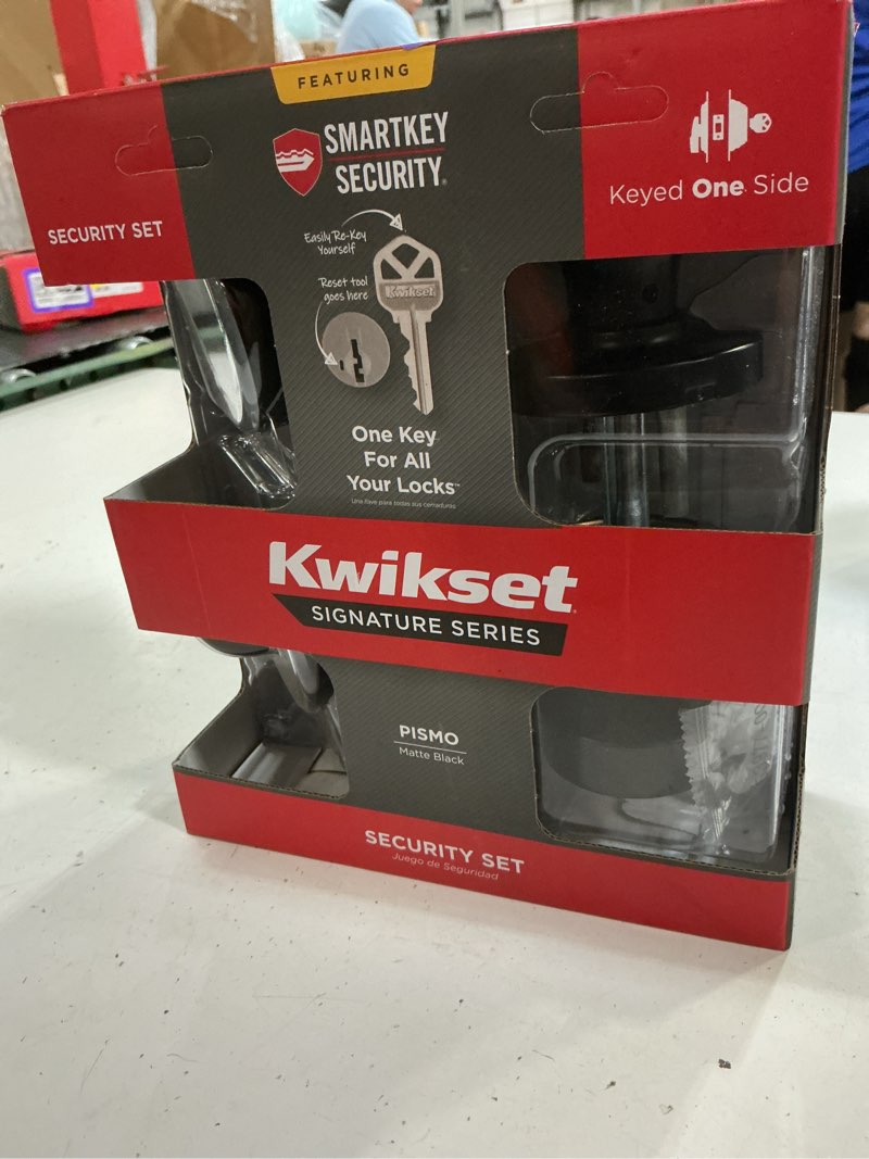Condition photo showing New/Like New for kwikset pismo round rose matte black knob door combo pack featuring smartkey security