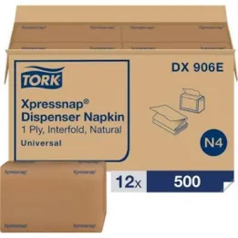Tork Xpressnap Natural Dispenser Napkin N4, Universal, Interfold 1-ply, 13" x 8.5", 12 x 500 napkins, DX906E Refill