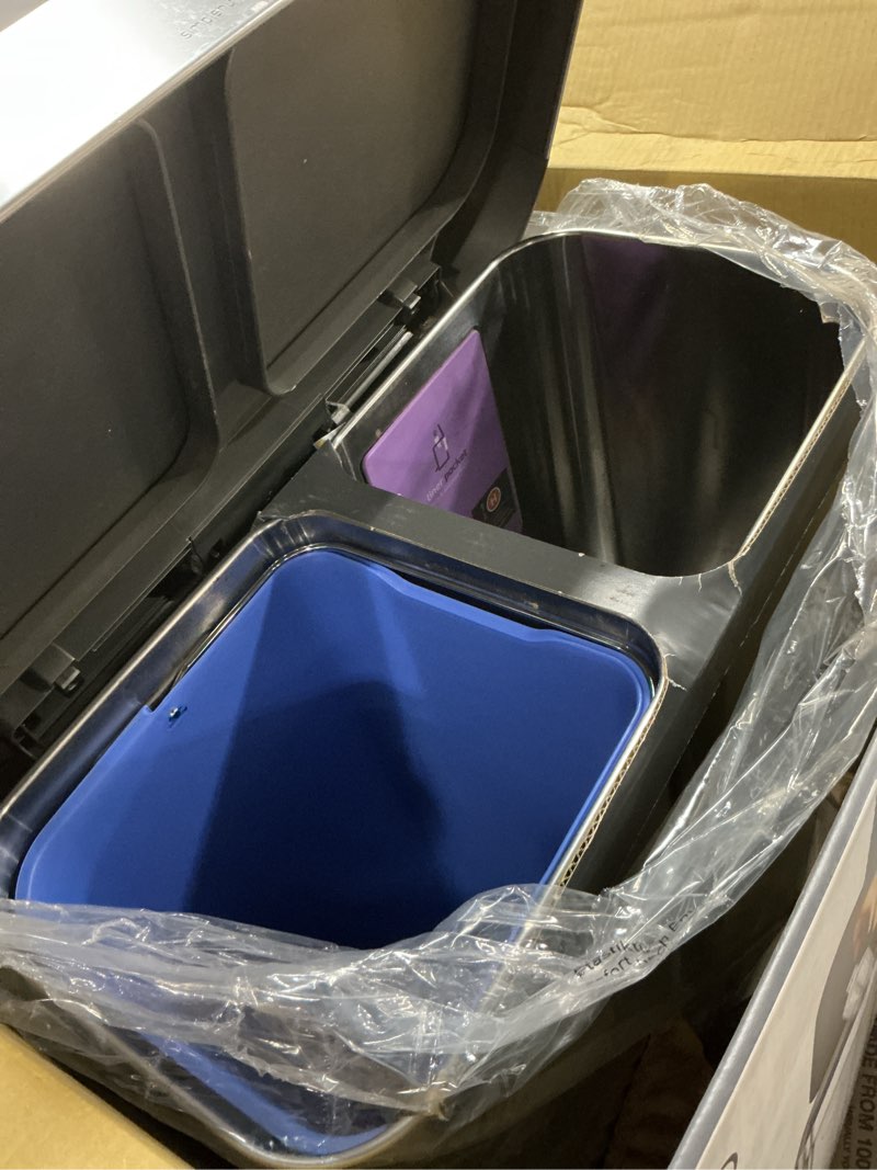 Condition photo showing As Is for simplehuman 58 liter / 15.3 gallon rectangular dual compartment recycling step, brushed stainless steel with soft-close plastic lid kitchen trash can