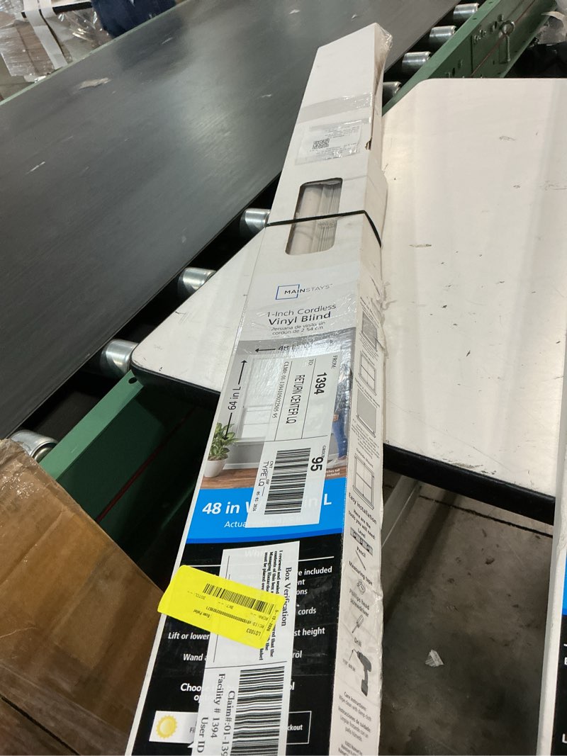 Condition photo showing As Is for mainstays 1  cordless vinyl light filtering mini blinds  white  48  w x 64  l