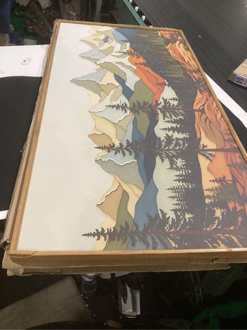 Condition photo showing Good Condition for signinart vintage mountains framed canvas wall art, wooden forest wall decor, green wood pine trees wilderness artwork, natural ridge landscape art paintings for living room bedroom office 20"x40" natural ridge 40"l x 20"w
