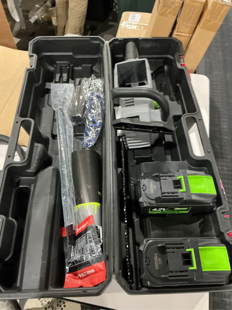 Condition photo showing As Is for Electric Chainsaw Cordless, 42V 16 Inch Battery Chainsaw with Brushless Motor and Quiet Superior Cutting Power, Hand Battery Powered chainsaw for Tree Trimming Wood Cutting, 2 Battery and Charger