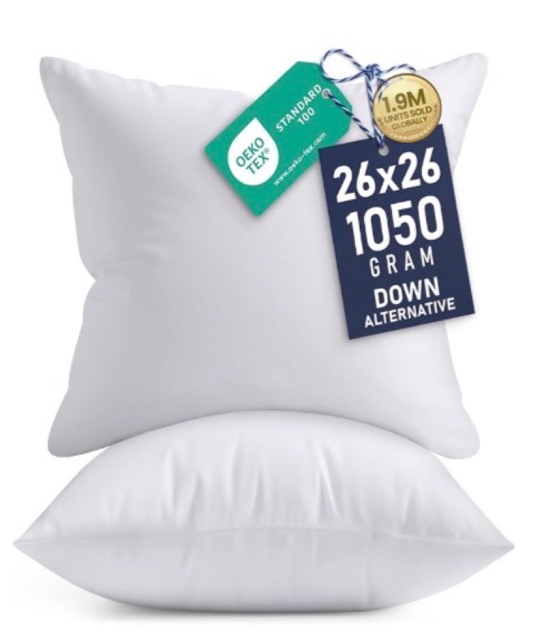 utopia bedding 26x26 pillow inserts, set of 2, white – indoor decorative throw pillows for bed, sofa & couch – soft, supportive & fluffy cushion inserts