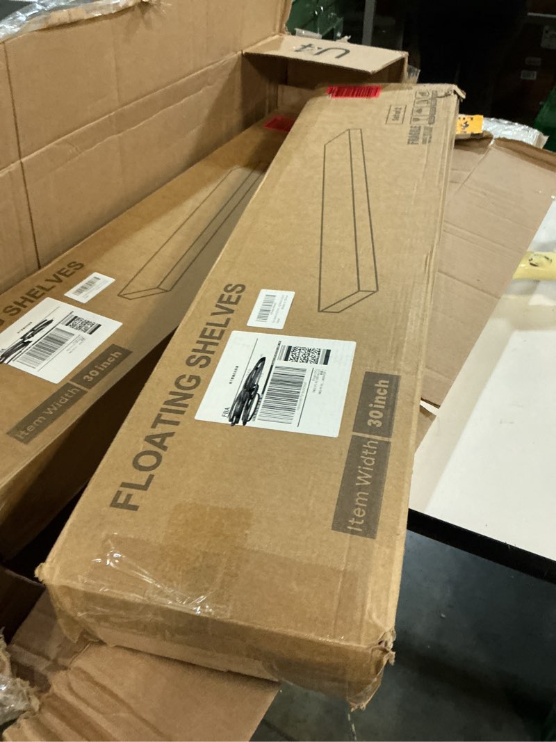 Condition photo showing New/Like New for 30 Inch Floating Shelves Set of 2, Rustic Solid Elm Wood Floating Shelf for Farmhouse, Living Room, Bedroom, Wall Mounted Bathroom Shelves Heavy-Duty Wall Shelf with Invisible Bracket, Natural Natural Flat Edge, 30"W, 2Pack