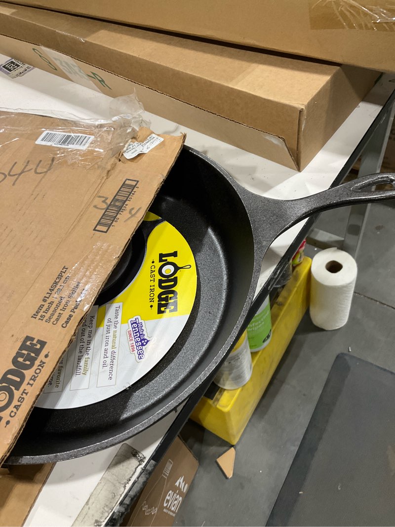 Condition photo showing Good Condition for Lodge Seasoned Cast Iron Skillet - Frying Pan for the Stove, Grill or Campfire - Cooks Evenly - Features Easy-Grip Teardrop Handle - Non-Toxic, Nonstick & Long-Lasting - 15 Inches 15 Inch (1 Count)