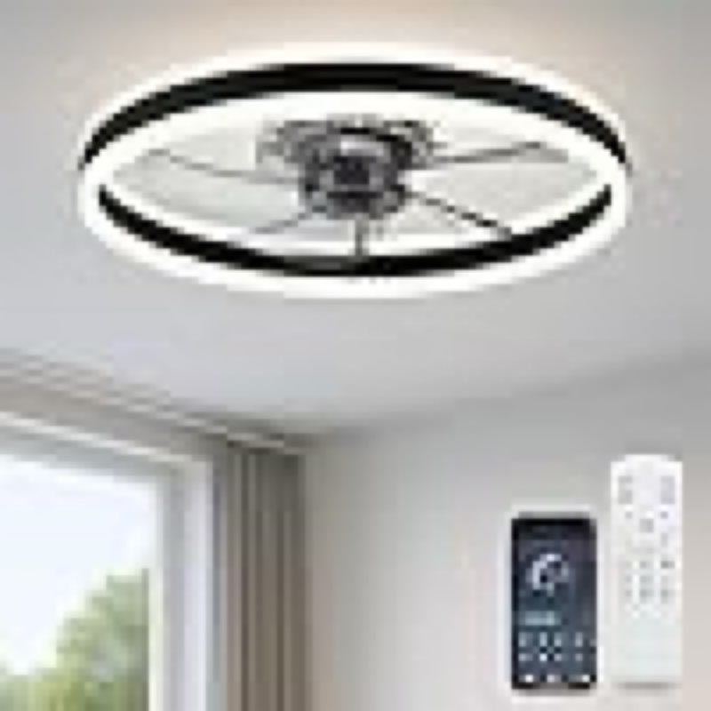 ceiling fan with light, upgraded 20‘’ low profile fan, flush mount ceiling fan, 6 speeds, dimmable led, app & remote control, quiet dc motor, for bedroom, living room, f105 black-d