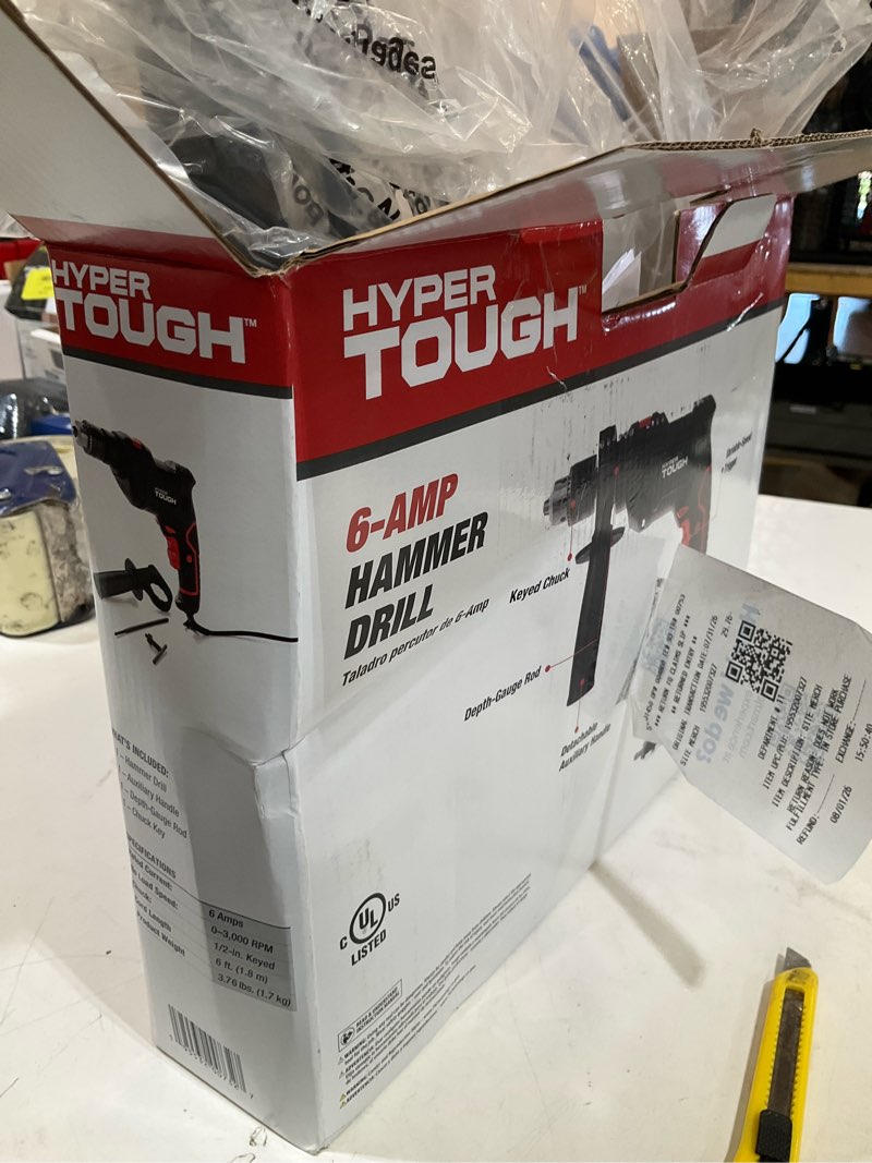 Condition photo showing As Is for hyper tough 6-amp 1/2-inch corded hammer drill, keyed chuck, 120 volt, 0~3000/min, model number td6hd