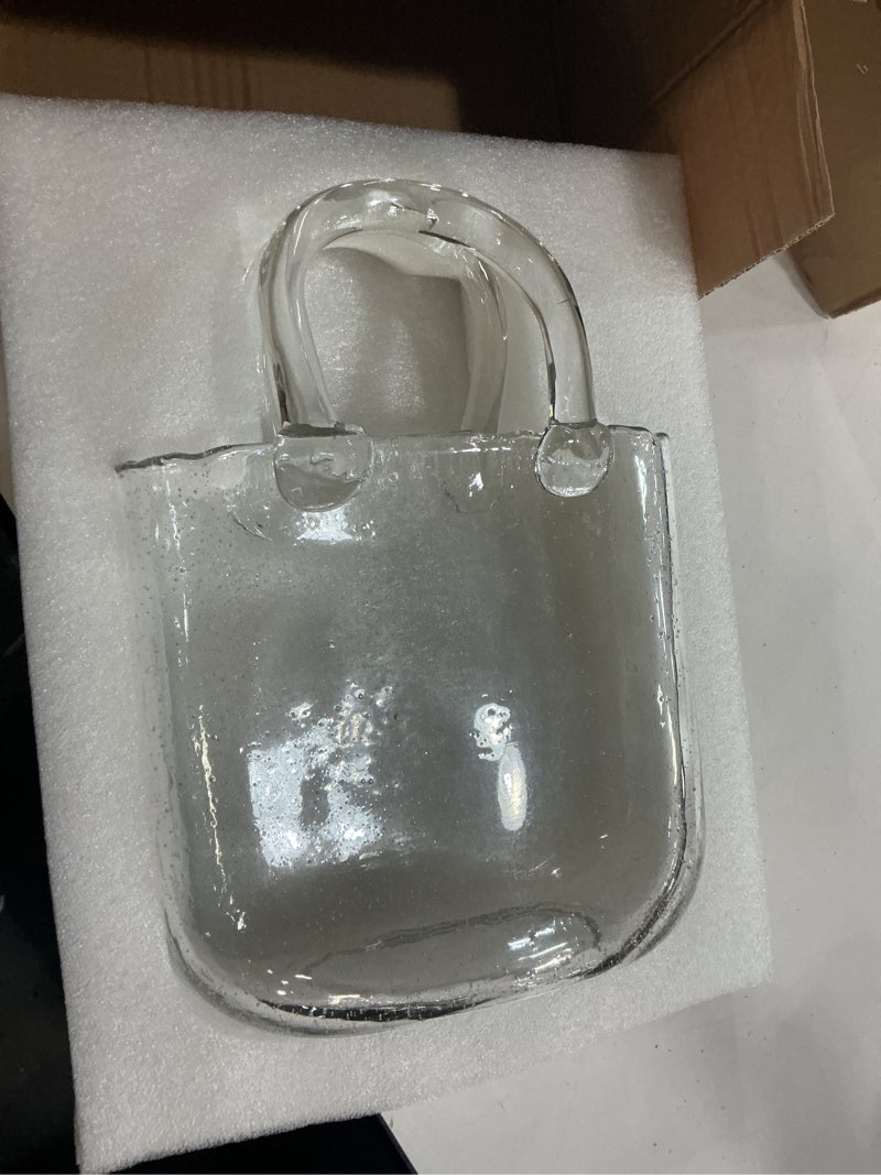Condition photo showing New/Like New for oleek purse vases for flowers (handmade) glass bag vase -10 inches- blue for centerpieces & fish bowl - handbag unique flower vase decorative - glass handbag vases for cute room decor clear transparent