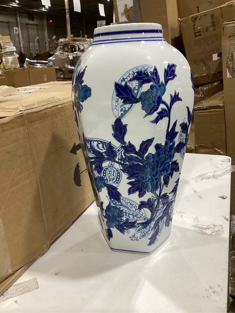 Condition photo showing Good Condition for blue and white porcelain vase - 14.6" hand-painted chinoiserie decor, vintage ceramic vase gift for home, wedding & mother’s day