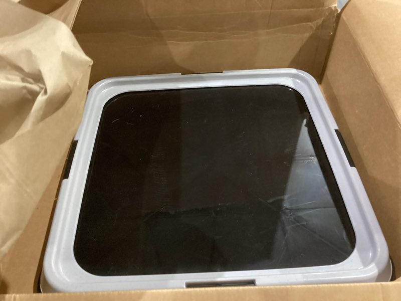 Condition photo showing As Is for iris usa pee pad holder - for regular sized dog and puppy pee pads, secured latches, non-skid feet, high polish finish for easy cleaning, leak protection, fits 22"x22" pad or larger, black/gray