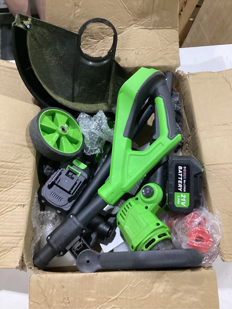 Condition photo showing As Is for 14" electric string trimmer cordless battery powered weed eater with wheel, 3-in-1 cordless grass trimmer/electric weed wacker/edger, weed trimmer with 8 replacement spools for garden, lawn (green)