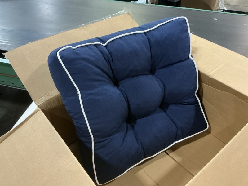 Condition photo showing As Is for harborest outdoor chair cushions set of 2, tufted patio chair cushions with ties, square corner outdoor cushions for patio furniture, lawn chairs, wicker chairs, 19" x 19" x 5", navy navy 19"x19"x5"