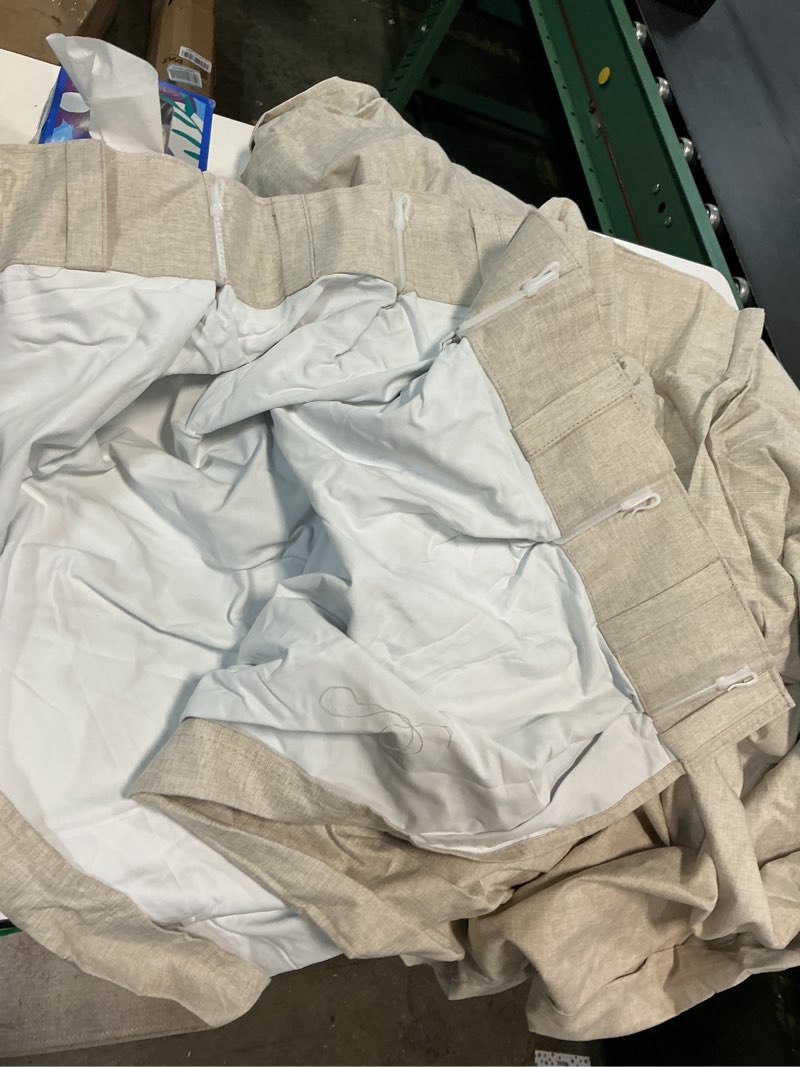 Condition photo showing As Is for miulee pinch pleated linen curtains 70”x102” inches long 2 panels for living room bedroom, linen texture memory trained drapes pinch pleat back tab rustic farmhouse window curtains with hooks&rings, taupe