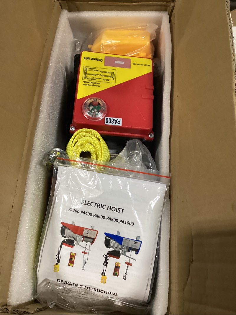 Condition photo showing New/Like New for 1760lb Electric Hoist with Remote Control/Wired Control, Electric Hoist 2 in 1, 110v Electric Hoist with Single/Double Slings,65.6/33ft Lifting Height, for Factory Attic Garage Warehouse 1760LBS-Wireless/Wired-65FT/PA800