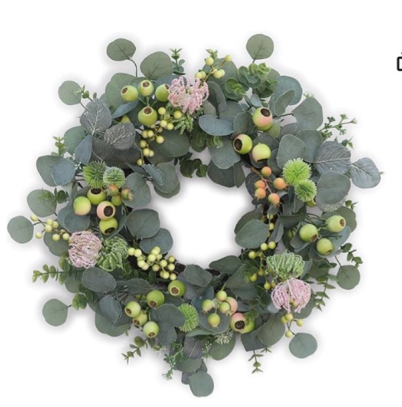 faux eucalyptus wreath with yellow and purple flowers (similar to stock photo)