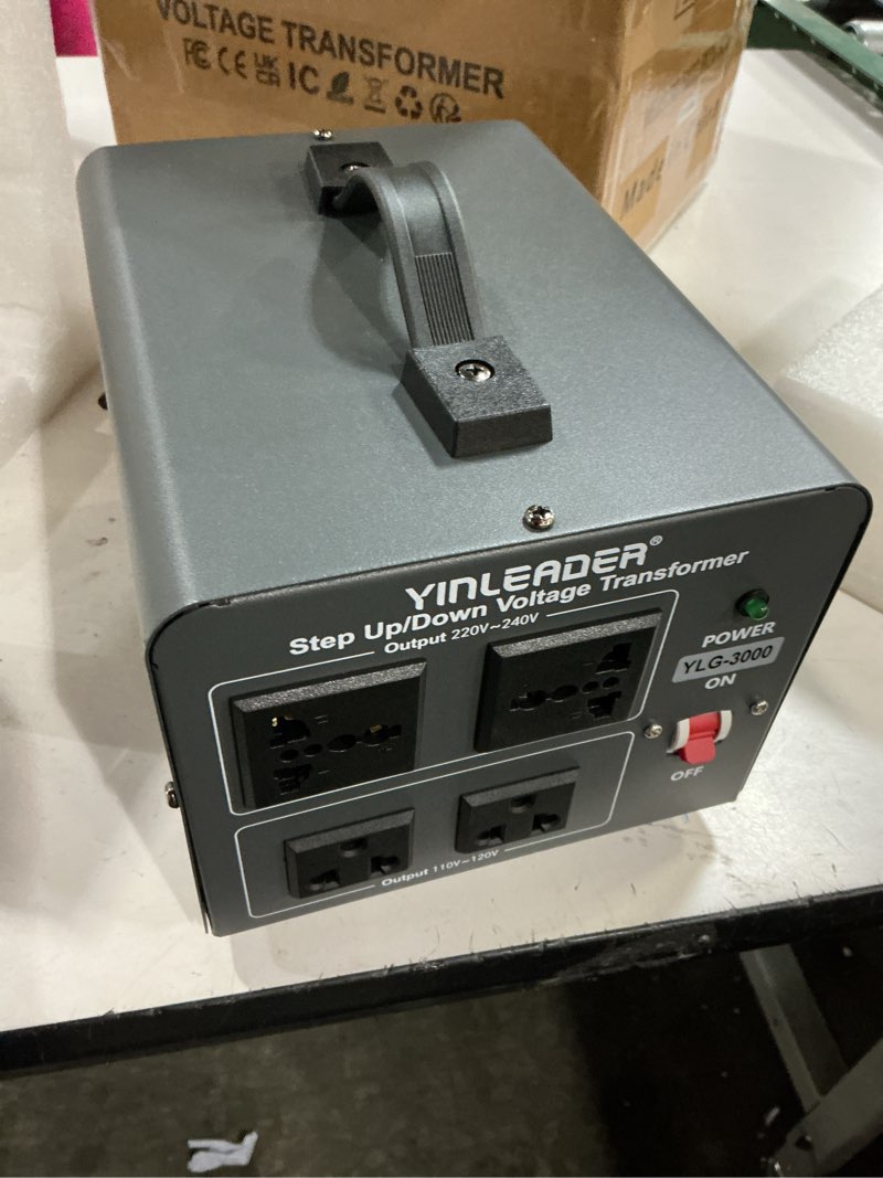 Condition photo showing New/Like New for yinleader voltage converter transformer 3000w step up/down power converter 110-120v to 220-240v/220-240v to 110-120v, with 2 us & 2 universal outlets, circuit breaker protection (grey)