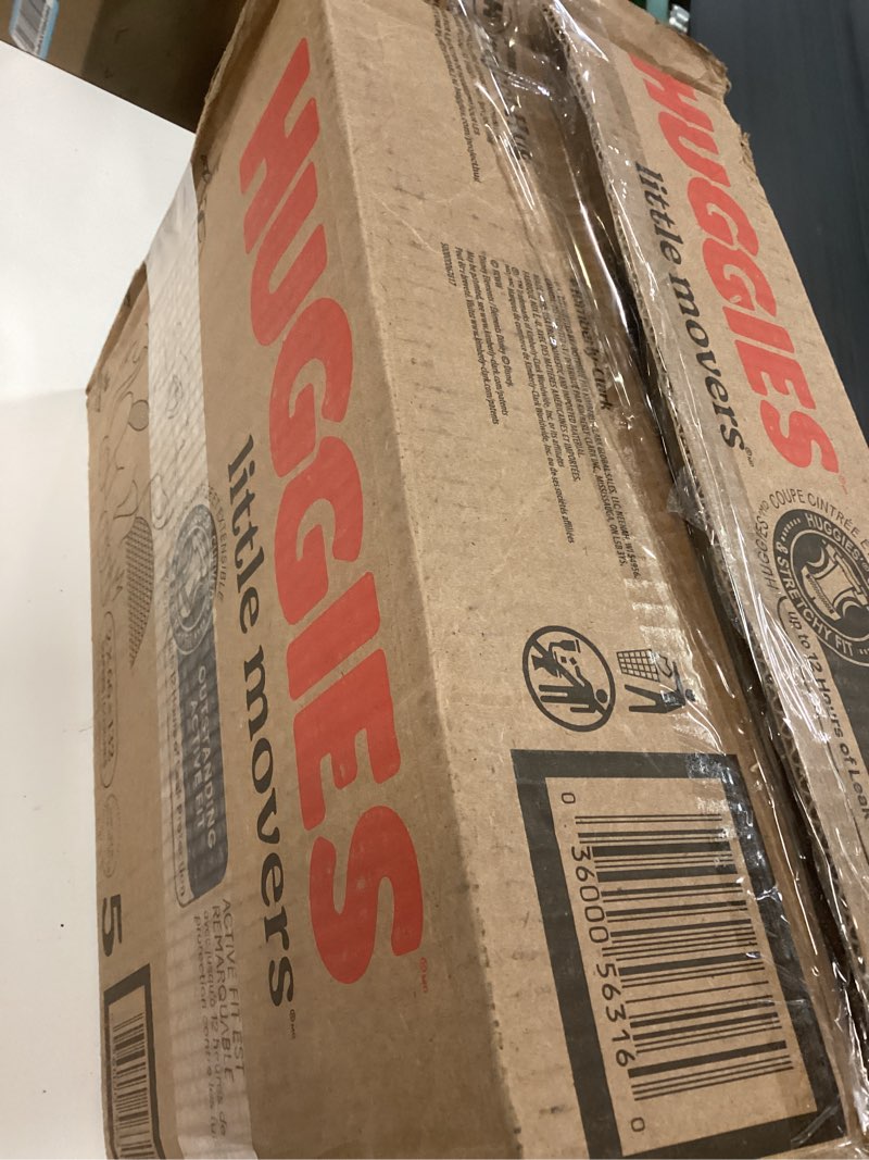 Condition photo showing New/Like New for huggies size 5 diapers, little movers baby diapers, size 5 (27+ lbs), 132 count (2 packs of 66), packaging may vary size 5 132