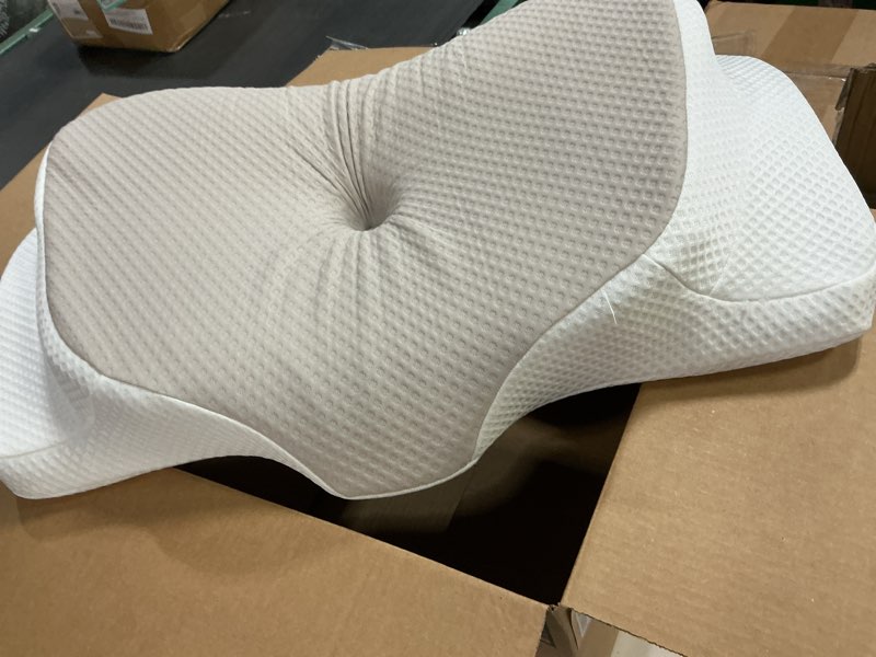 Condition photo showing As Is for DUMOS Cervical Neck Pillow, Cooling Ergonomic Memory Foam Pillows for Neck Pain Relief with Breathable Pillowcase, Dual Height Orthopedic Support Contour Pillow for Side, Back, Stomach Sleepers, Grey Light Grey Queen Size (24"L x 14"W)
