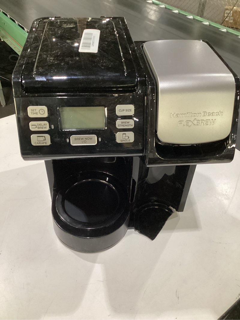 Condition photo showing As Is for (USED, NOT TESTED, DAMAGED, MISSING PARTS) Hamilton Beach FlexBrew Trio 2-Way Coffee Maker, Compatible with K-Cup Pods or Grounds, Combo, Single Serve & Full 12c Pot, Black - Fast Brewing (49902)