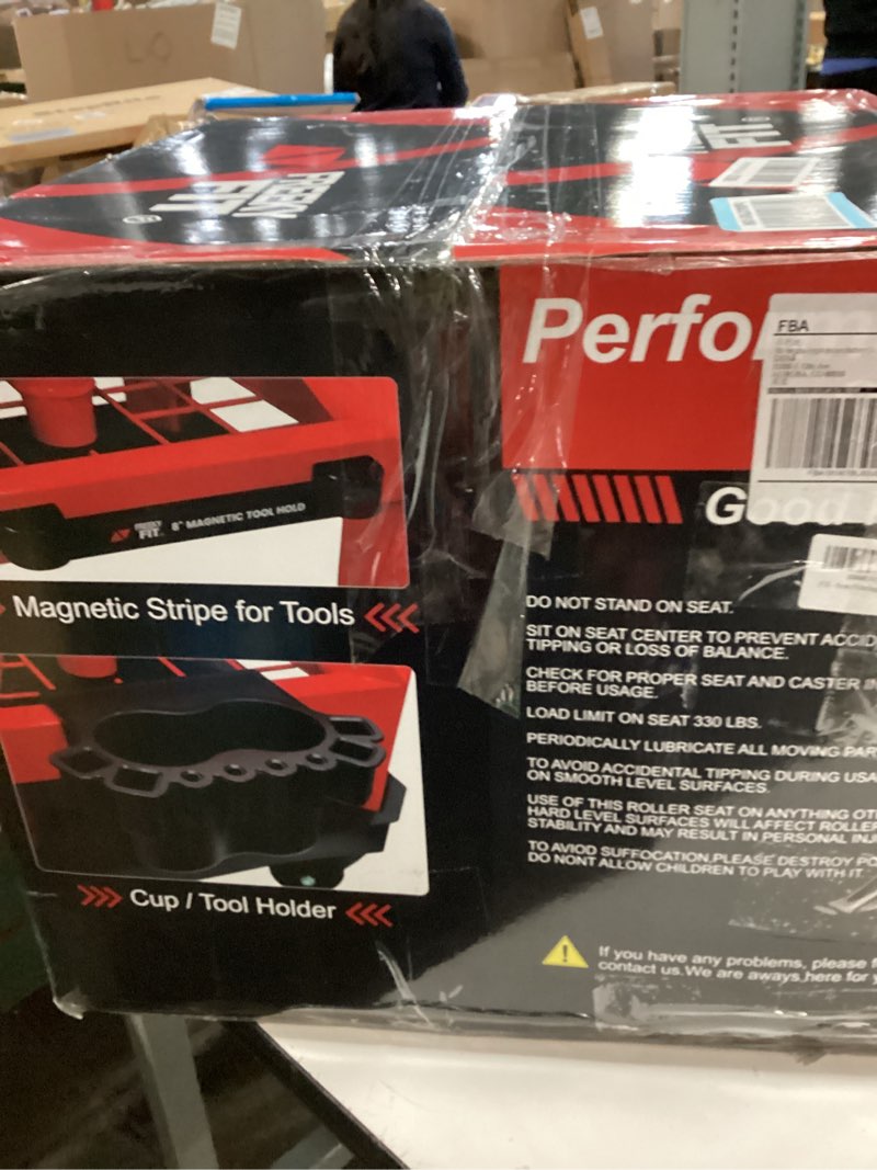 Condition photo showing New/Like New for Rolling Stool with Wheels, Adjustable Height Pneumatic Garage Work Mechanic Stool Seat with Backrest, 400 LBS Capacity 360° Swivel Mechanic Crepper Chair with Tool Tray Storage, Red