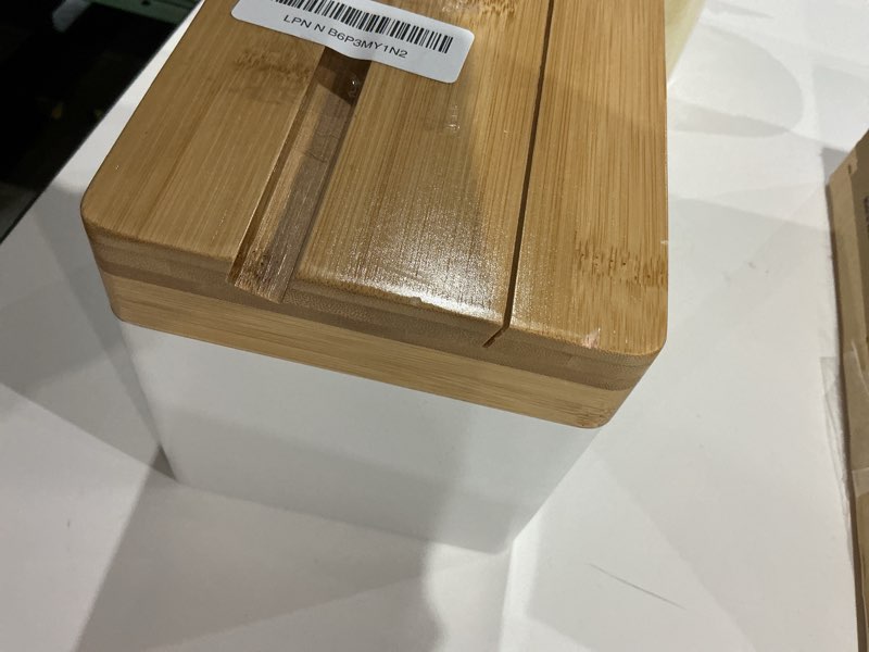 Condition photo showing Good Condition for bamboo recipe box, includes 50 4x6 cards & 24 dividers, 2-compartment storage, dual lid slot, kitchen organizer