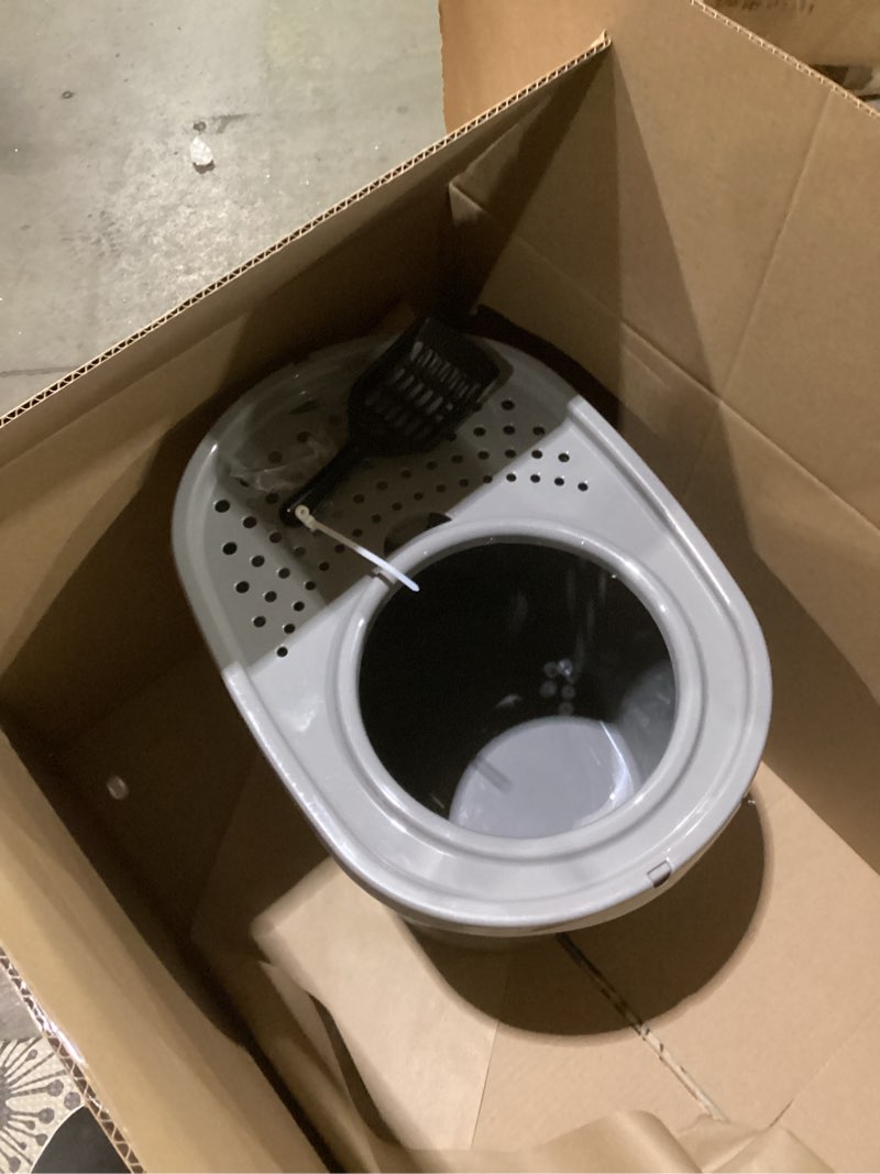 Condition photo showing New/Like New for amazon basics large cat litter box with high sides, top entry, includes scoop, 20.5 x 14.75 x 14.38 inches, grey grey top entry