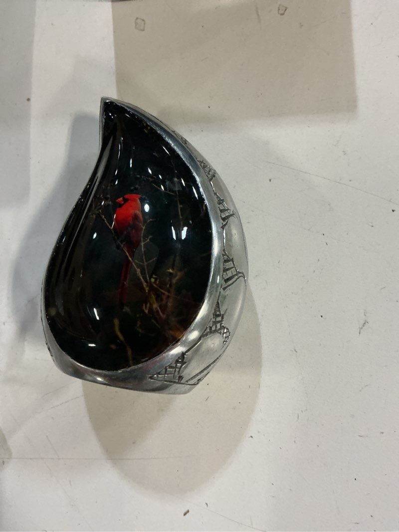 Condition photo showing item condition for Red Cardinal Bird in Dark Teardrop Small Keepsake Urn for Adult Ashes - Mini Urn - Size 3 Inch Red Cardinal Bird Urn SMALL-1