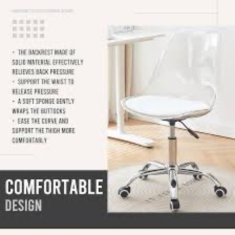 Modern Small Cute Armless Vanity Rolling Chair, Ergonomic Clear Chair, Adjustable Swivel Chair for O