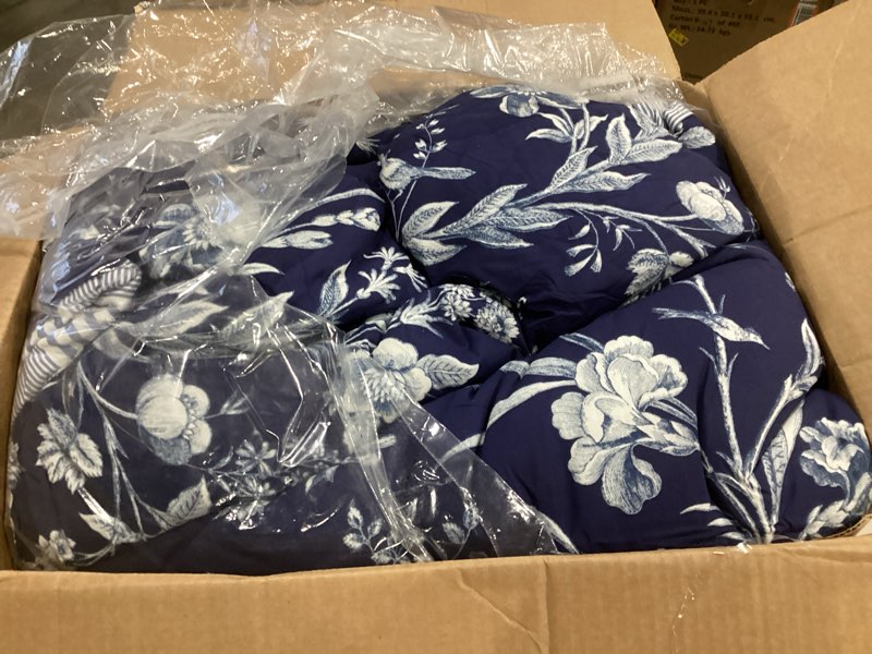 Condition photo showing Good Condition for laura ashley- queen comforter set, cotton reversible bedding set, includes matching shams with bonus euro shams & throw pillow covers (branch toile blue, queen) branch toile blue queen