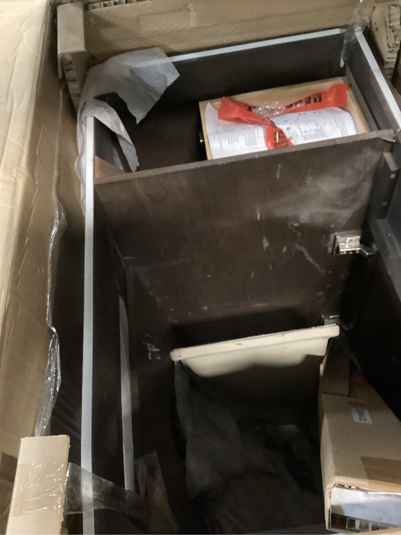 Condition photo showing As Is for allen + roth roveland 36-in deep walnut undermount single sink bathroom vanity with carrara natural marble top