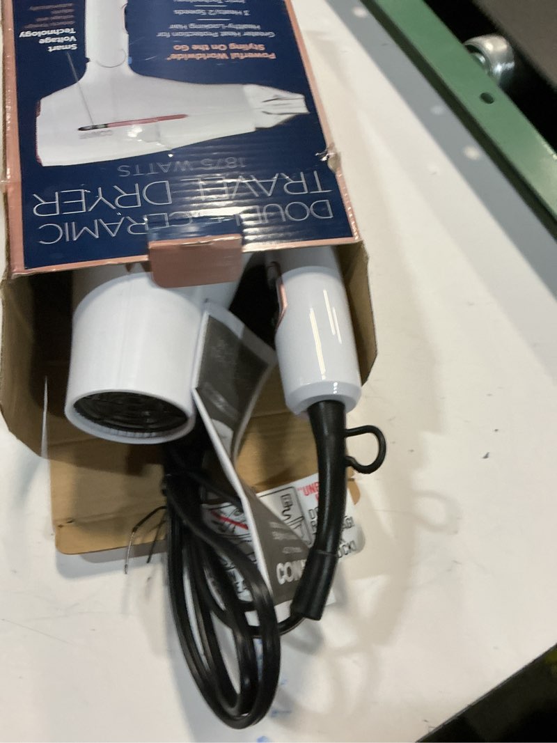 Condition photo showing As Is for conair double ceramic travel dryer with concentrator & folding handle, 1875w travel blow dryer with smart voltage technology, ionic conditioning fights frizz, 3 heat & 2 speed settings, white white 1 count (pack of 1)