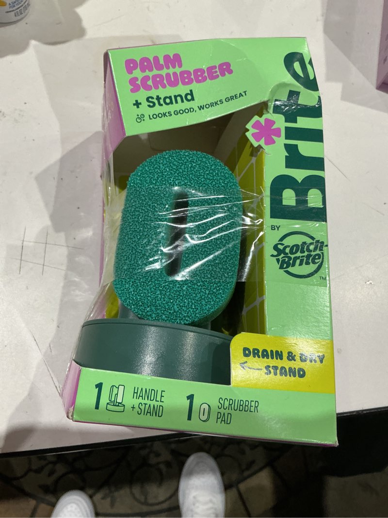 Condition photo showing Good Condition for scotch-brite palm scrubber with drain + dry stand with comfy grip, 1 scrubbing pad sponge with soap dispenser