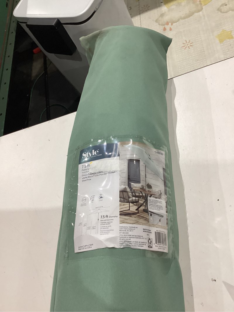 Condition photo showing As Is for style selections 7.5-ft steel sage green market patio umbrella