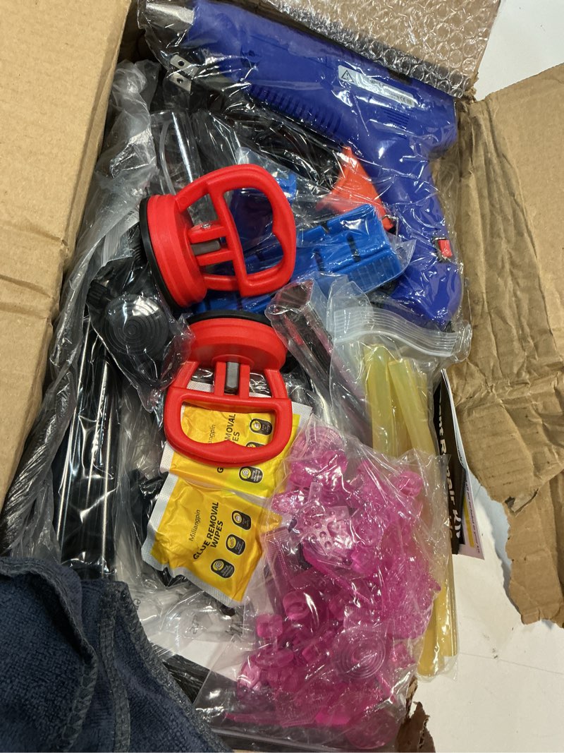 Condition photo showing Good Condition for dent puller kit - paintless dent removal tool with 100w hot glue gun 10 glue sticks and 2-in-1 slide hammer t-bar - for car body repair hail damage door dings and small suction cup