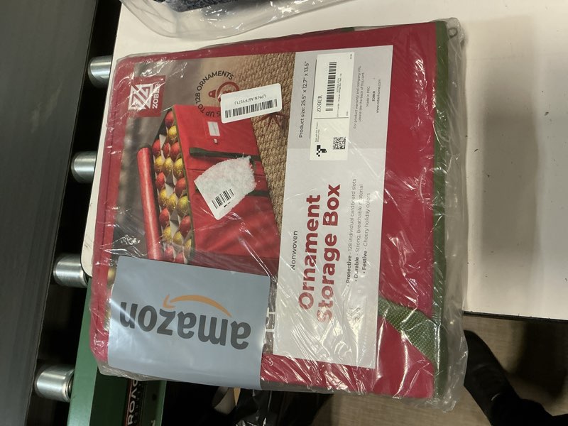 Condition photo showing New/Like New for ZOBER Large Christmas Ornament Storage Box - Stores 128 3" Ornaments, With Dividers - Ornament Organizer Storage Box, Durable Christmas Containers Holder - Extra Pockets, Dual Zipper - Red Red 128 - 3" Ornaments