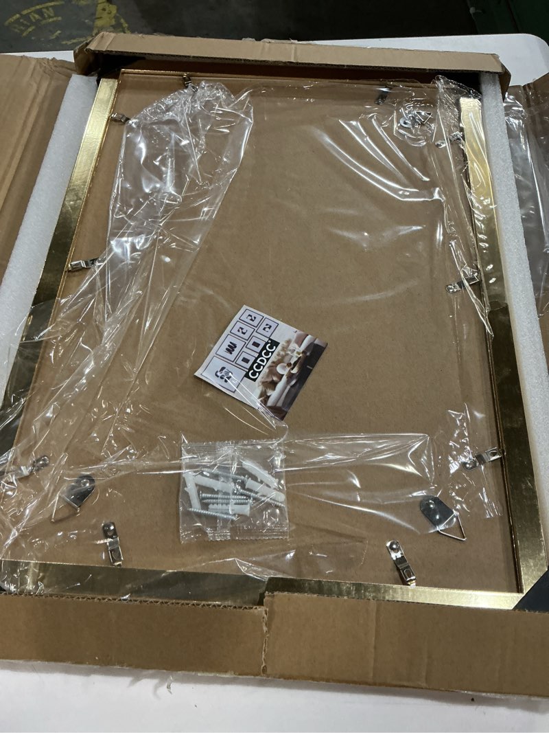 Condition photo showing As Is for 14x20 Poster Frame Set of 2, 14 x 20 Wood Picture Frames with Mat for 12x18, Wooden Photo Frame with Tempered Glass Cover for Wall Mounting Display, Gold Gold 14x20-2Pack