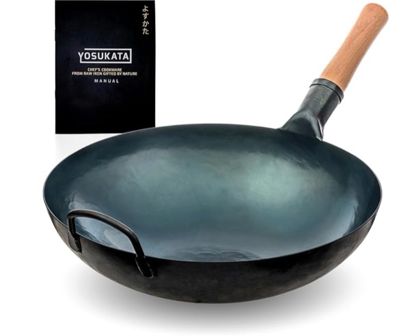 YOSUKATA 14” Round Bottom Carbon Steel Wok Pan – Blue Pre-Seasoned Pow Wok for Stir Fry, BBQ & Camping – Traditional Japanese & Chinese Cookware – Compatible with Gas Stoves & Open Fire Only