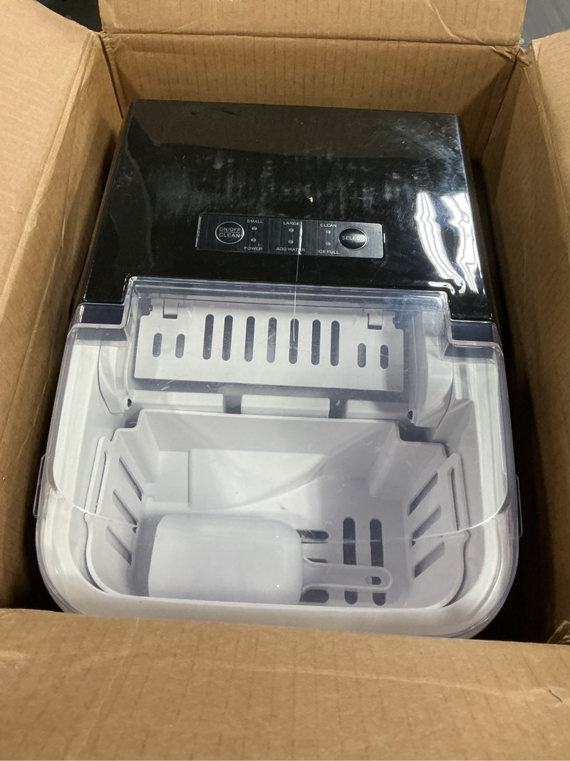 Condition photo showing As Is for dumos countertop ice maker with handle, 26lbs/24h portable ice machine, 9 bullet cubes ready in 6 mins, self-cleaning, quiet compact for home, kitchen, rv, camping, bright black bright black handle-26.5lbs/24h